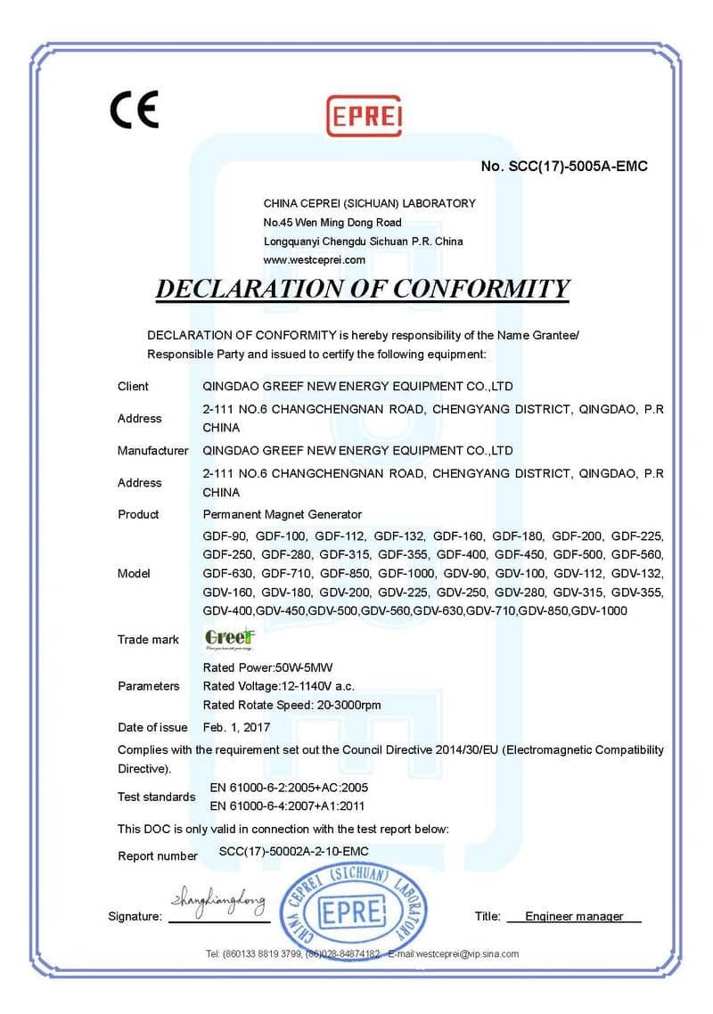 China Qingdao Greef New Energy Equipment Co., Ltd Certificaten